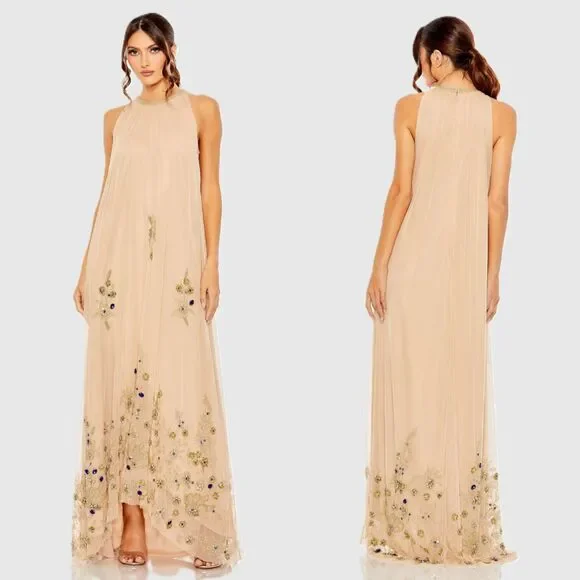 Mac Duggal 9232 Size 10 Nude Gold Floral Jeweled Long Evening Gown Maxi Dress - Picture 5 of 6